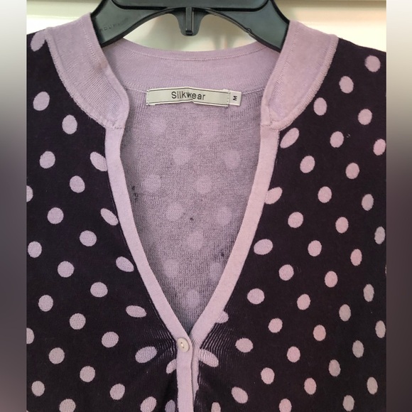 Silkwear Purple Polka Dot Buttoned V-Neck Belted Knit Cardigan Top Blouse - Picture 6 of 16